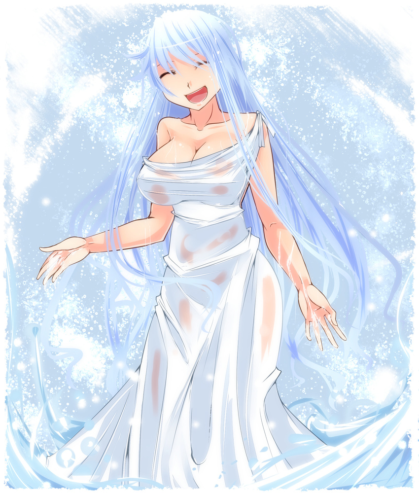 ^_^ aoshima bare_shoulders blue_hair breasts cleavage closed_eyes dress highres large_breasts long_hair open_mouth original see-through smile solo very_long_hair white_dress