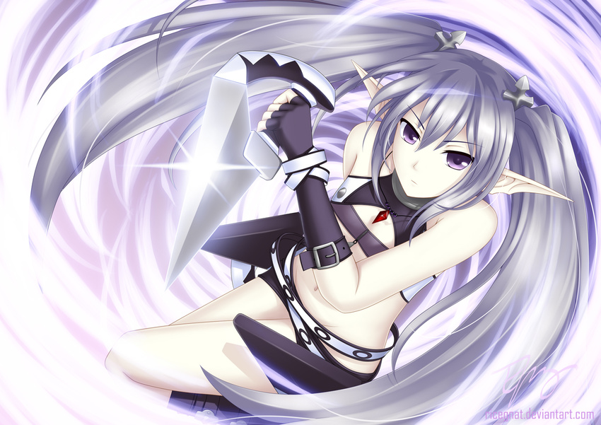 agarest_senki agarest_senki_(series) boots dagger elf flat_chest fyuria_(agarest_senki) gloves groin hair_ornament hairpin jewelry long_hair long_pointy_ears miniskirt navel necklace pointy_ears purple_eyes ricegnat signature silver_hair skirt solo twintails very_long_hair weapon