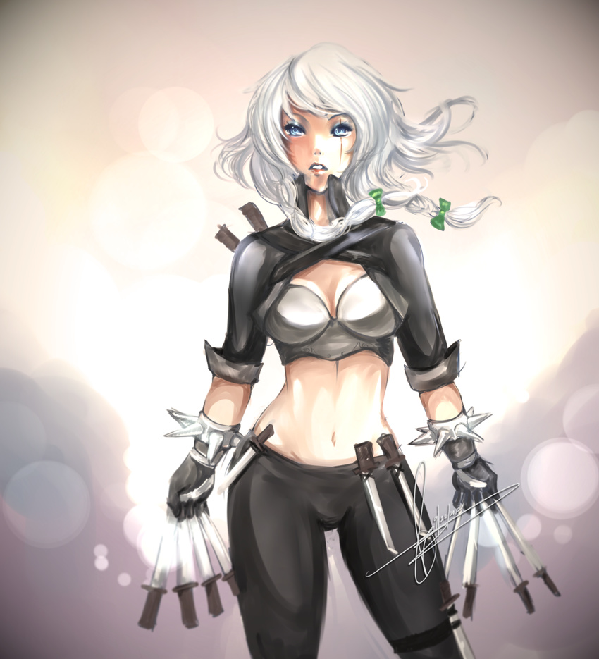 between_fingers blue_eyes bow bracelet braid breasts cleavage cleavage_cutout contrapposto cosplay dated detached_sleeves dual_wielding hair_bow hannah_santos highres holding izayoi_sakuya jewelry katarina_du_couteau katarina_du_couteau_(cosplay) knife league_of_legends medium_breasts midriff pants scar signature solo spiked_bracelet spikes standing touhou twin_braids white_hair