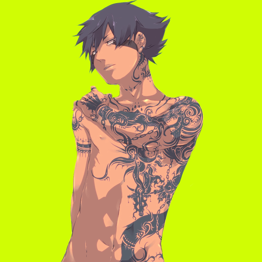bad_id bad_pixiv_id chain eska_bamel inazuma_eleven inazuma_eleven_(series) male_focus navel nude shiro_(reptil) simple_background solo tattoo