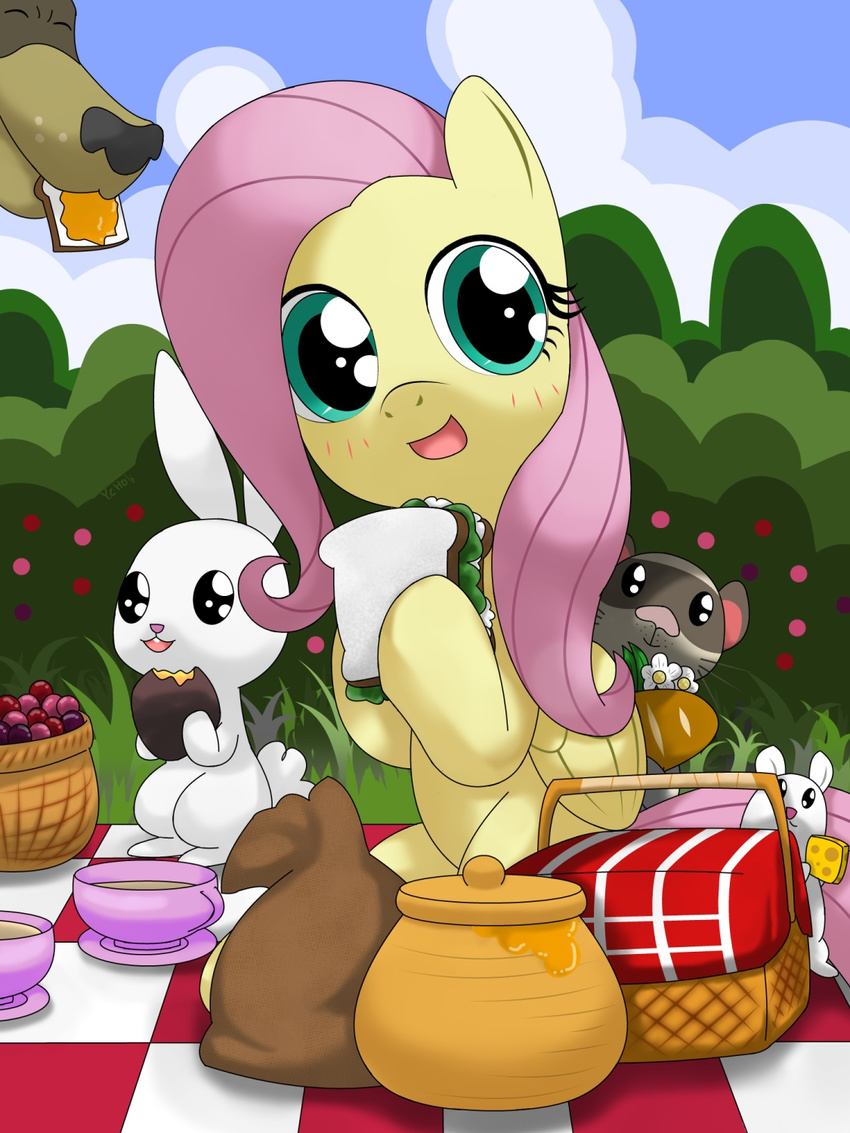 blush equine female feral fluttershy_(mlp) friendship_is_magic fur hair horse hoyeechun lagomorph mammal my_little_pony open_mouth pegasus picnic pink_hair pony rabbit tongue wings yellow_fur