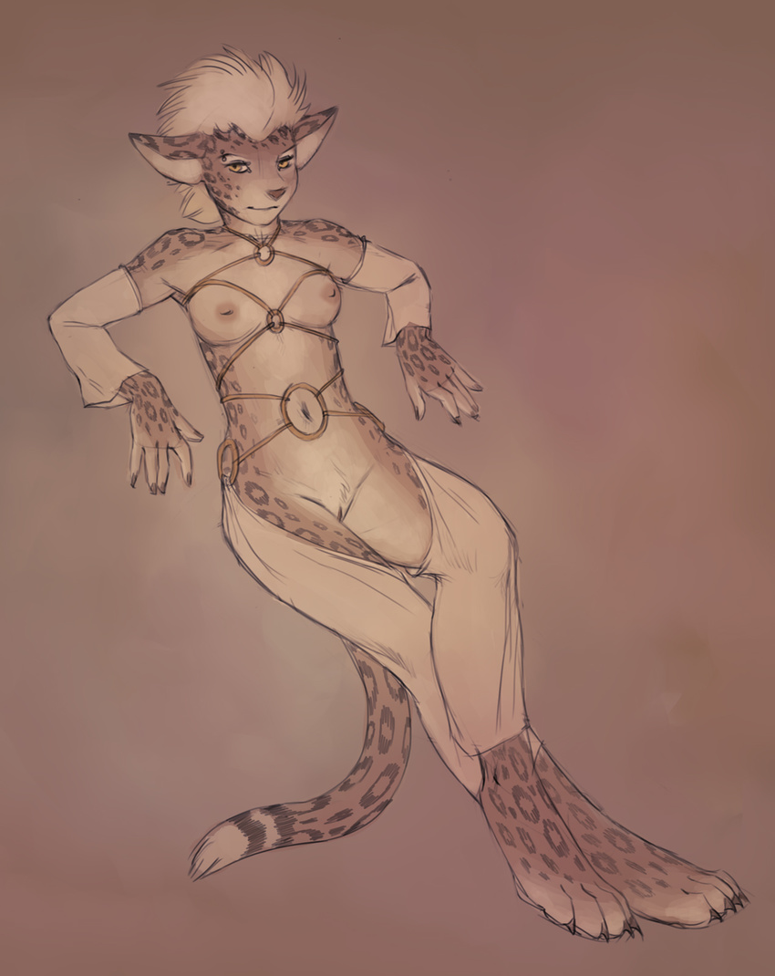 anthro breasts claws digitigrade eyebrow_piercing facial_piercing feline female hair hindpaw looking_at_viewer mammal nipples nude paws pinup plain_background pose pseudoartist pussy rope solo standing toes white_hair