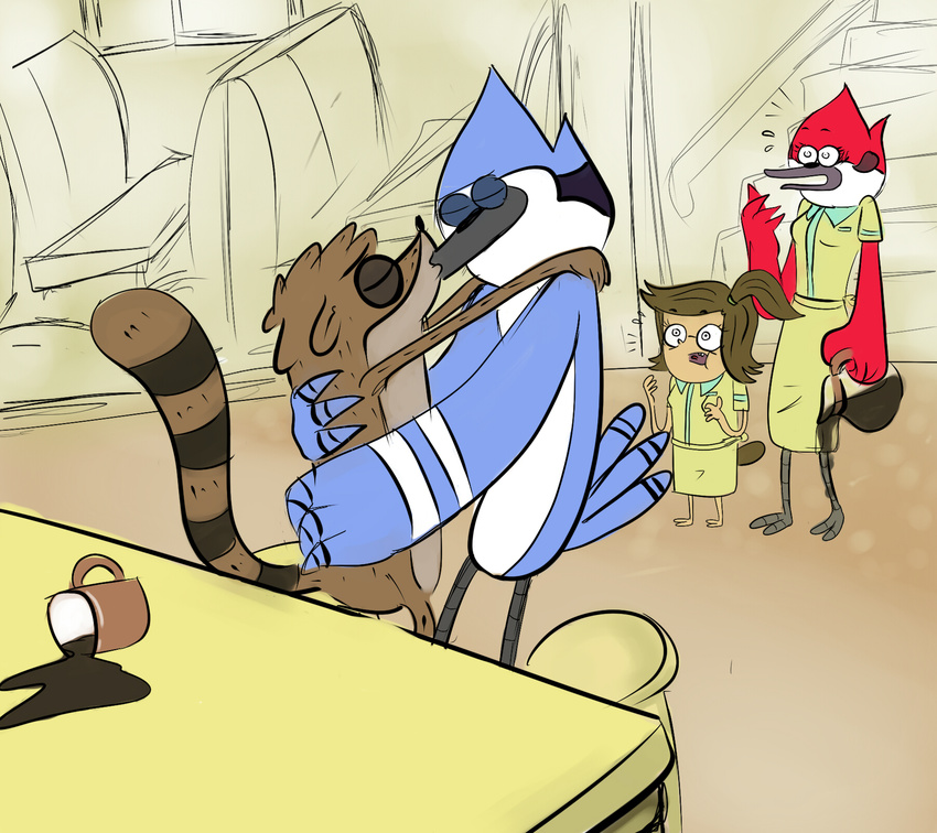 bird blue_jay chair coffee_cup coffee_pot eileen female gay human kissing male mammal margaret mole mordecai mordosama raccoon red-breasted_robin regular_show rigby shocked table