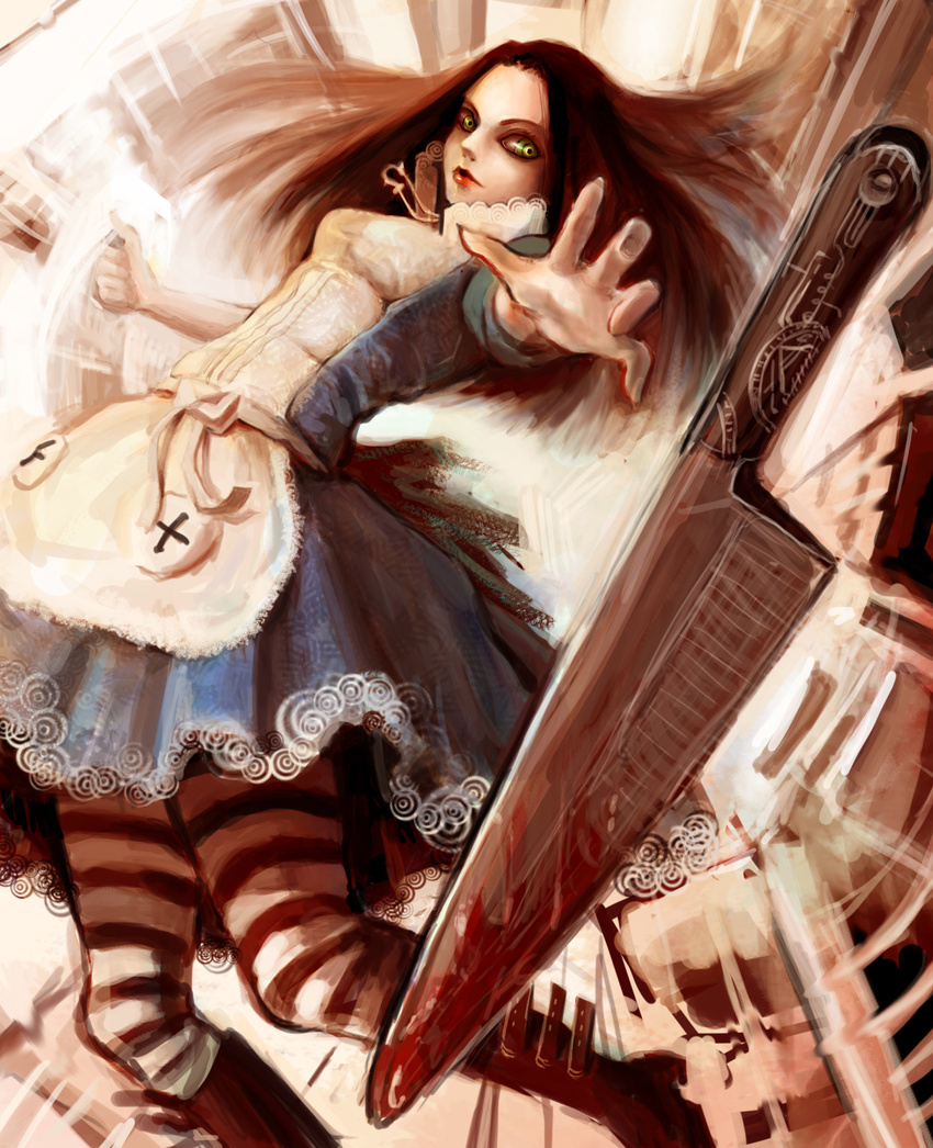 1girl alice:_madness_returns alice_(wonderland) alice_in_wonderland alice_liddell american_mcgee's_alice american_mcgee's_alice apron black_hair blood boots dress green_eyes highres jewelry knife legwear lipstick maddoze makeup necklace skirt solo stockings striped striped_legwear thighhighs weapon