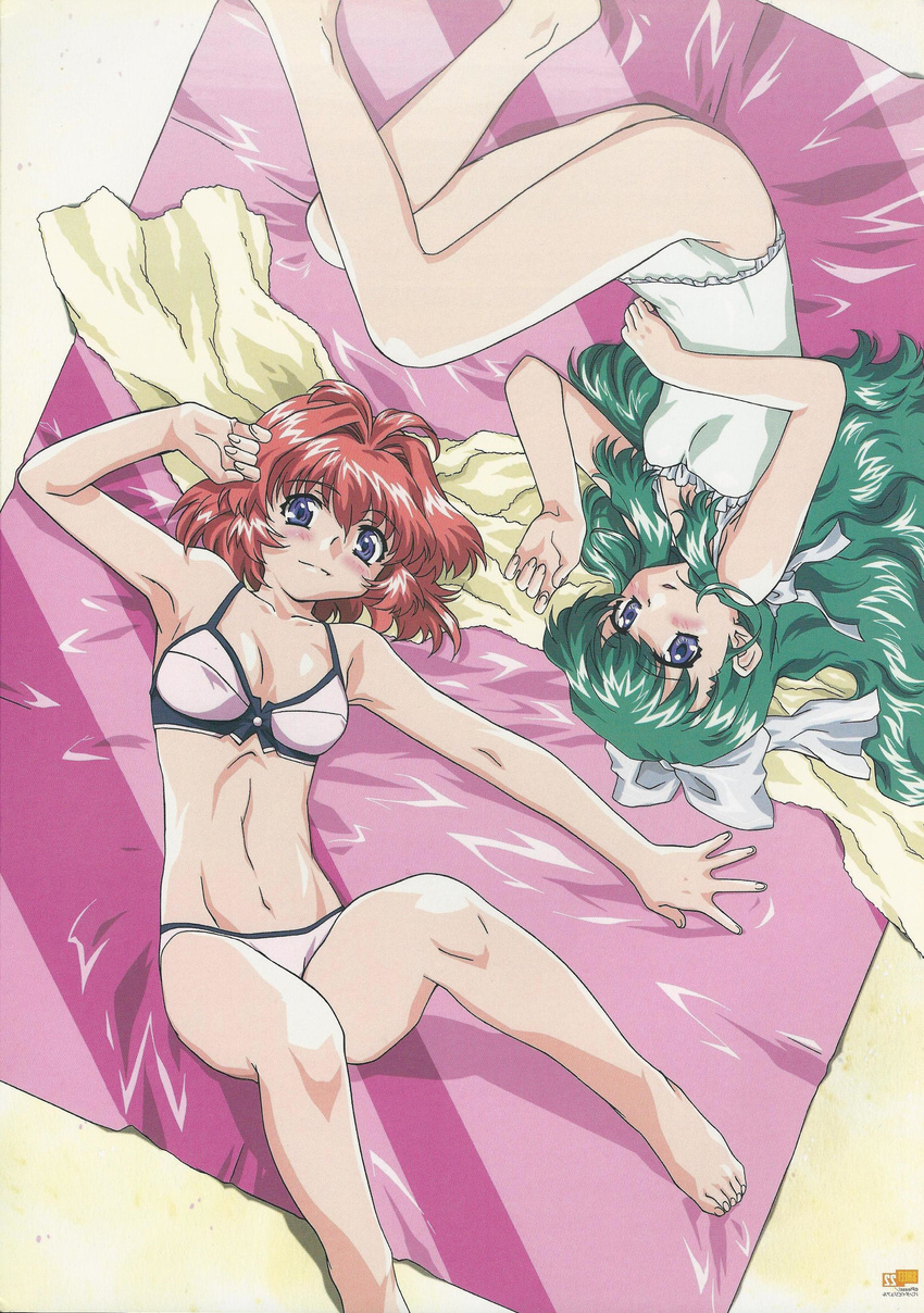 2girls absurdres barefoot beach bikini blue_eyes female green_hair highres laying_down looking_up lying lying_on_back miyafuji_miina multiple_girls on_back onegai_twins onodera_karen red_hair swimsuit