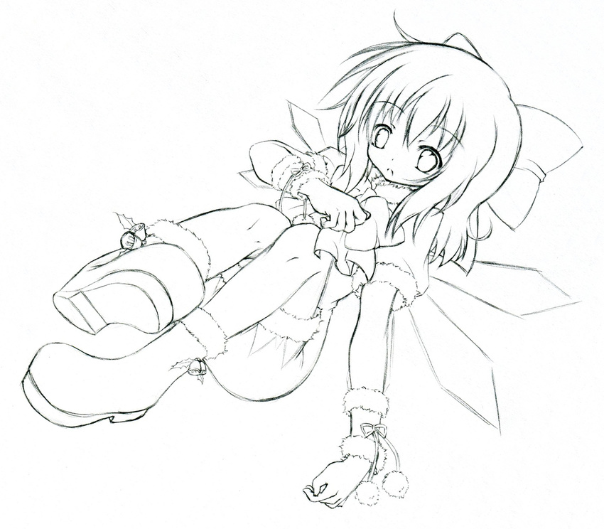 bow cirno hair_bow highres jun_(noiji_guren_0220) lineart monochrome solo touhou