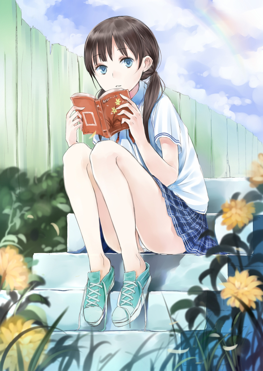 absurdres bad_id bad_pixiv_id blue_eyes book copyright_request fence flower highres low_twintails maigoyaki panties pantyshot pantyshot_(sitting) shoes sitting sitting_on_stairs skirt sky sneakers solo stairs twintails underwear