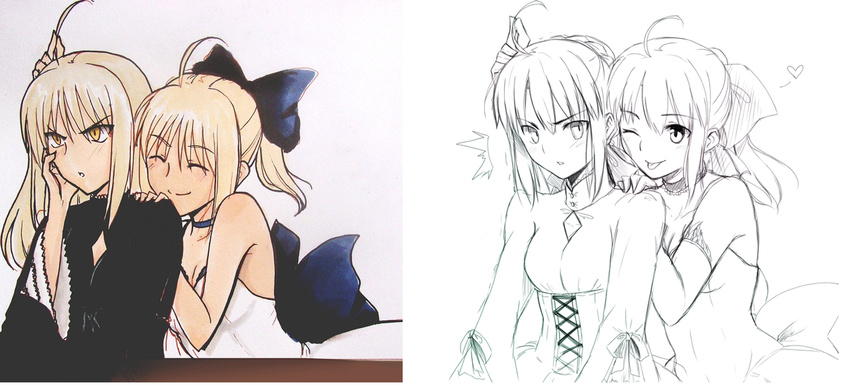;p ahoge artist_progress artoria_pendragon_(all) before_and_after black_dress blonde_hair blush bow breasts choker cleavage closed_eyes commentary corset dress dual_persona english_commentary fate/stay_night fate/unlimited_codes fate_(series) hair_bow heart lineart long_hair medium_breasts multiple_girls one_eye_closed partially_colored playing_with_another's_hair ponytail saber_alter saber_lily tongue tongue_out tusia white_dress yellow_eyes