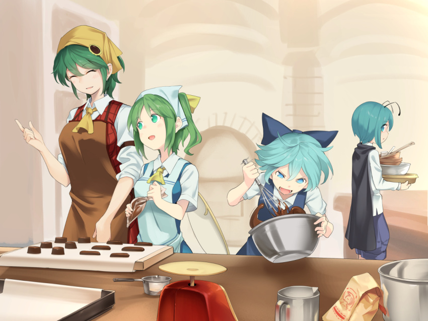 4girls :d ^_^ antennae apron ascot asutora bangs black_cape blue_bow blue_dress blue_eyes blue_hair blue_shorts blush bow bowl breasts brown_apron cape cirno closed_eyes commentary_request cowboy_shot daiyousei dress eyebrows_visible_through_hair eyes_closed fairy_wings green_apron green_eyes green_hair hair_between_eyes hair_bow hand_up head_scarf holding holding_bowl index_finger_raised indoors kazami_yuuka large_breasts long_sleeves looking_at_another measuring_cup medium_breasts mixing_bowl multiple_girls one_side_up open_mouth pinafore_dress plaid plaid_skirt plaid_vest red_skirt red_vest shirt short_hair short_sleeves shorts skirt skirt_set smile standing touhou upper_body v-shaped_eyebrows vest weighing_scale whisk white_shirt wings wriggle_nightbug yellow_neckwear