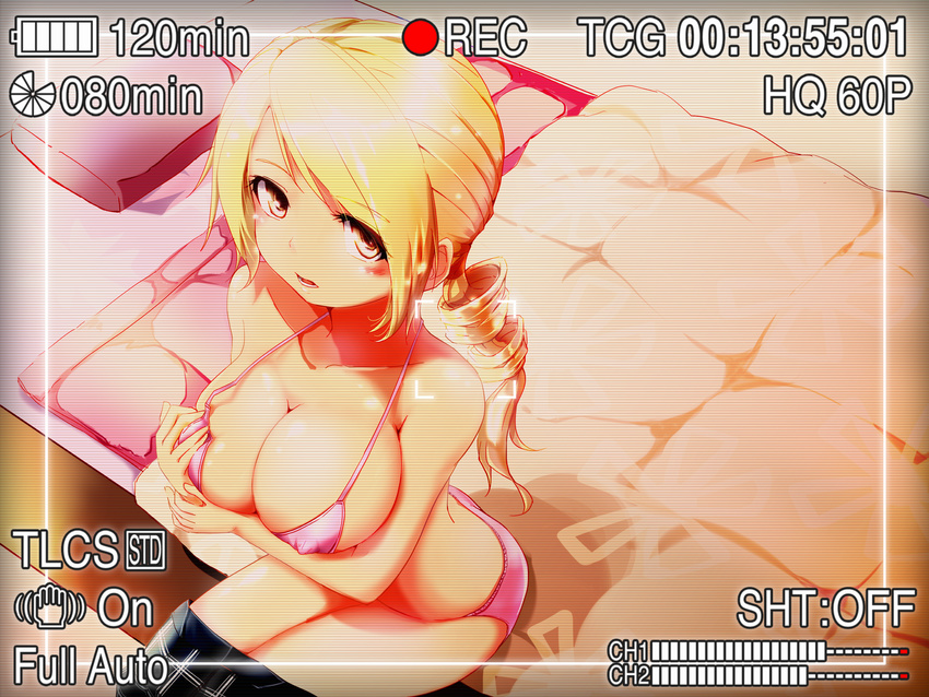 bikini blonde_hair blush breasts cleavage covered_nipples drill_hair highres koma_(wsgtt1300) large_breasts long_hair mahou_shoujo_madoka_magica recording sitting solo swimsuit tomoe_mami twin_drills twintails undressing viewfinder yellow_eyes