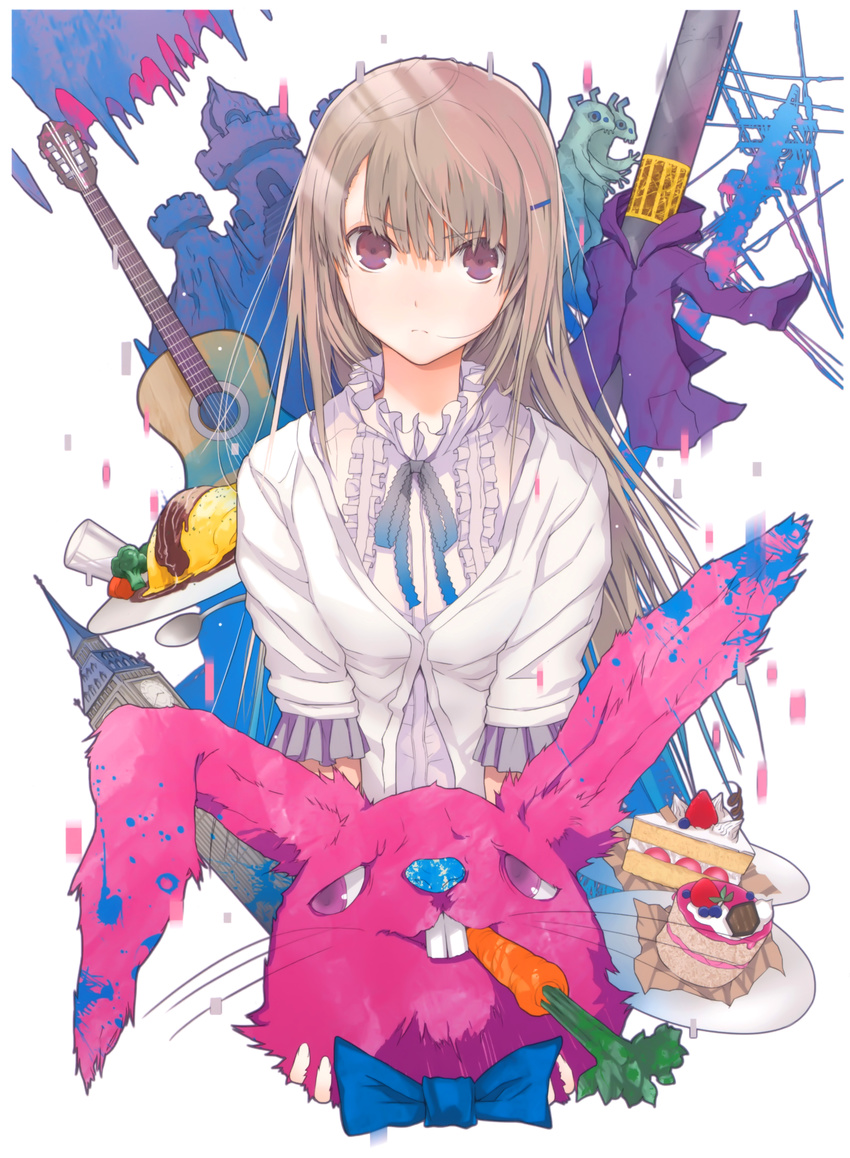 absurdres acoustic_guitar bow bowtie brown_hair bunny cake carrot elizabeth_tower food frown fuyuno_haruaki guitar hair_ornament hairclip highres holding instrument long_hair looking_at_viewer mouth_hold original power_lines purple_eyes ribbon scan serious solo telephone_pole upper_body white_background