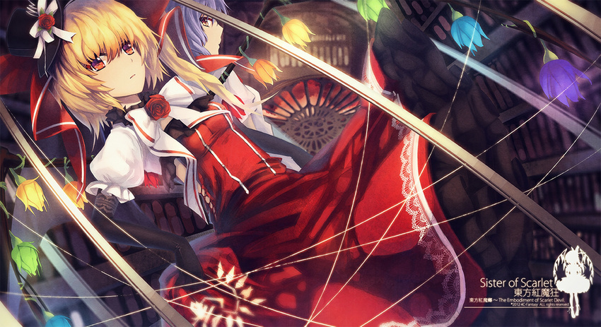 back-to-back bad_id bad_pixiv_id banned_artist black_gloves blonde_hair dress dutch_angle elbow_gloves eva200499 flandre_scarlet flower gloves hat hat_ribbon indoors lavender_hair multiple_girls red_eyes remilia_scarlet ribbon rose short_hair siblings side_ponytail sisters touhou wings