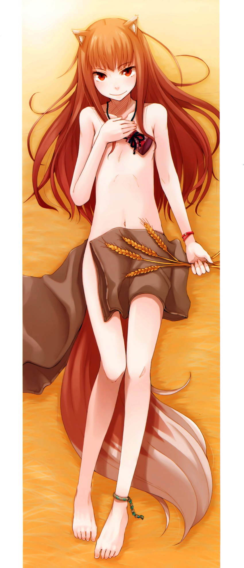 absurdres animal_ears ankleband anklet ayakura_juu bracelet brown_hair collarbone convenient_censoring flat_chest full_body highres holo jewelry long_hair long_legs looking_at_viewer lying navel nude on_back pouch red_eyes scan smile solo spice_and_wolf tail wheat wolf_ears wolf_girl wolf_tail wristband