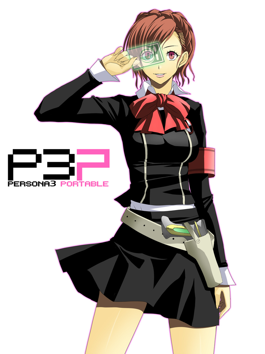 armband bow brown_hair card evoker female_protagonist_(persona_3) gun highres ichimedoo persona persona_3 persona_3_portable red_eyes revision ribbon school_uniform short_hair smile solo weapon