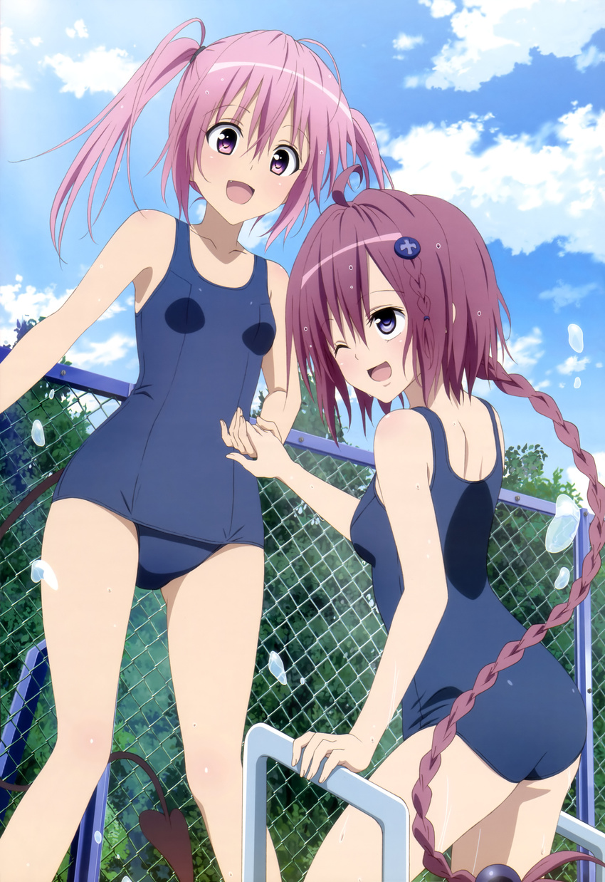 :d ;d absurdres ahoge braid chain-link_fence cloud day demon_tail fang fence fujiwara_natsuko highres kurosaki_mea legs long_hair multiple_girls nana_asta_deviluke non-web_source nyantype official_art one-piece_swimsuit one_eye_closed open_mouth pink_eyes pink_hair ponytail scan school_swimsuit sky smile swimsuit tail to_love-ru to_love-ru_darkness twintails very_long_hair
