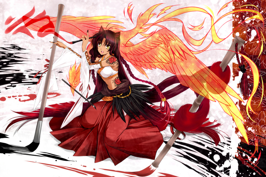 :d animal animal_ears bird brush cat_ears dress fiery_wings fire flame hakama highres japanese_clothes kanna_(plum) long_hair open_mouth phoenix pixiv_genealogy_of_life red_dress red_hair red_hakama sitting smile very_long_hair wariza wings yellow_eyes