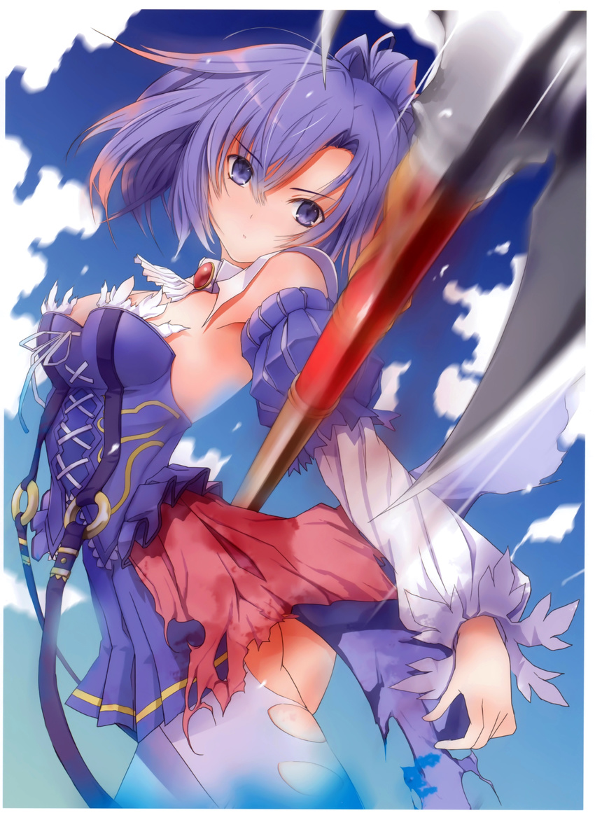 absurdres ascot ass blue_sky breasts brooch cleavage cloud corset day detached_sleeves fuyuno_haruaki highres jewelry medium_breasts motion_blur original pantyhose polearm poleaxe ponytail purple_eyes purple_hair scan skirt sky solo torn_clothes torn_legwear weapon white_legwear