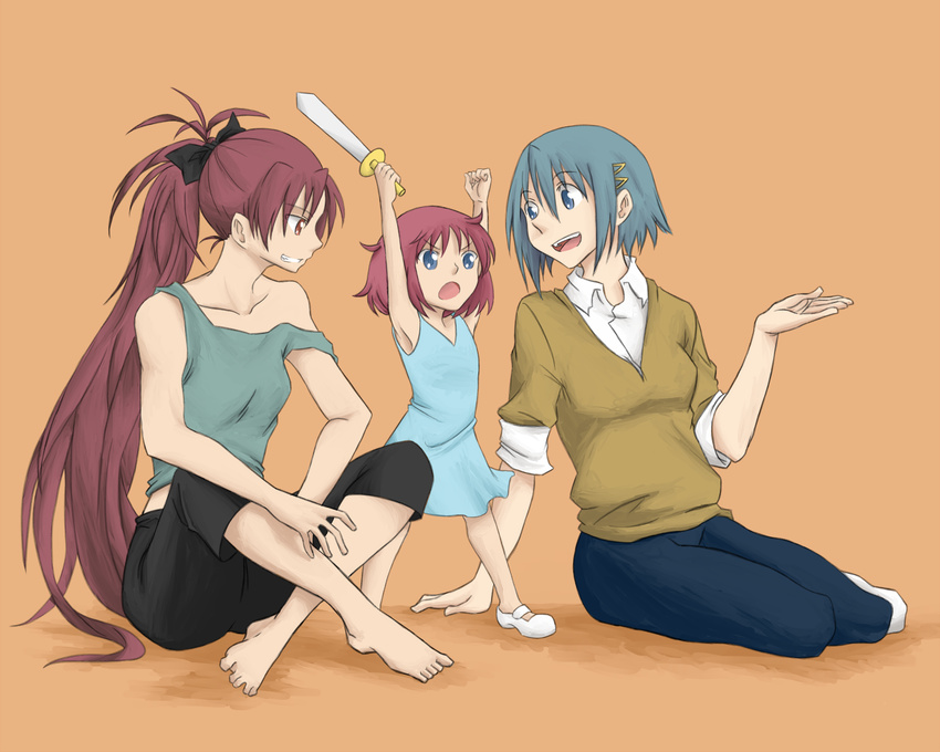 barefoot blue_eyes blue_hair capri_pants dl if_they_mated indian_style ips_cells long_hair long_ponytail mahou_shoujo_madoka_magica miki_sayaka mother_and_daughter multiple_girls orange_background pants ponytail red_eyes red_hair ribbon sakura_kyouko shirt shoes short_hair simple_background sitting smile sword weapon yokozuwari yuri