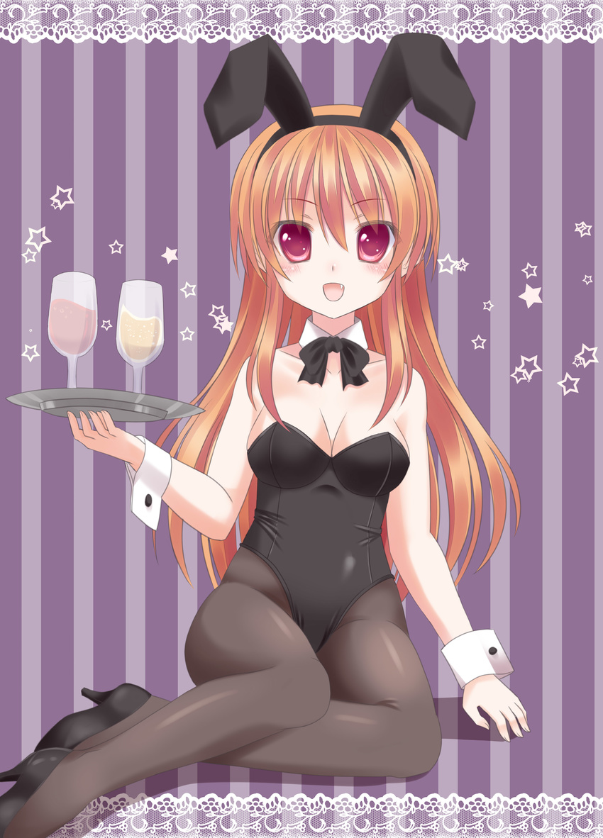 absurdres animal_ears bad_id bad_pixiv_id bare_shoulders black_legwear breasts brown_hair bunny_ears bunny_girl bunnysuit cleavage detached_collar fang glass highres long_hair medium_breasts open_mouth original pantyhose red_eyes revision solo tray tsukino_neru wrist_cuffs