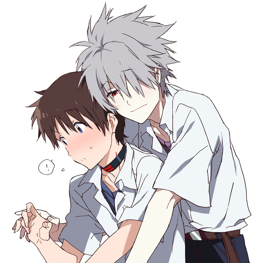 bad_id bad_pixiv_id blue_eyes blush brown_hair choker evangelion:_3.0_you_can_(not)_redo highres hug ikari_shinji kasuga_souichi male_focus multiple_boys nagisa_kaworu neon_genesis_evangelion rebuild_of_evangelion red_eyes smile white_hair yaoi