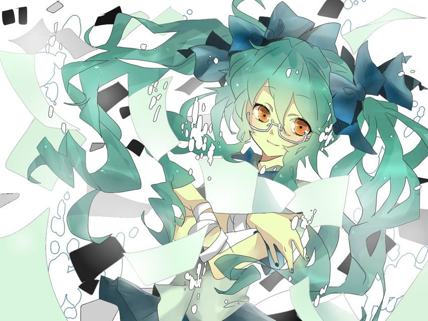 bad_id bad_pixiv_id bandages bespectacled glasses green_hair hatsune_miku kukunn long_hair orange_eyes solo torinoko_city_(vocaloid) twintails very_long_hair vocaloid