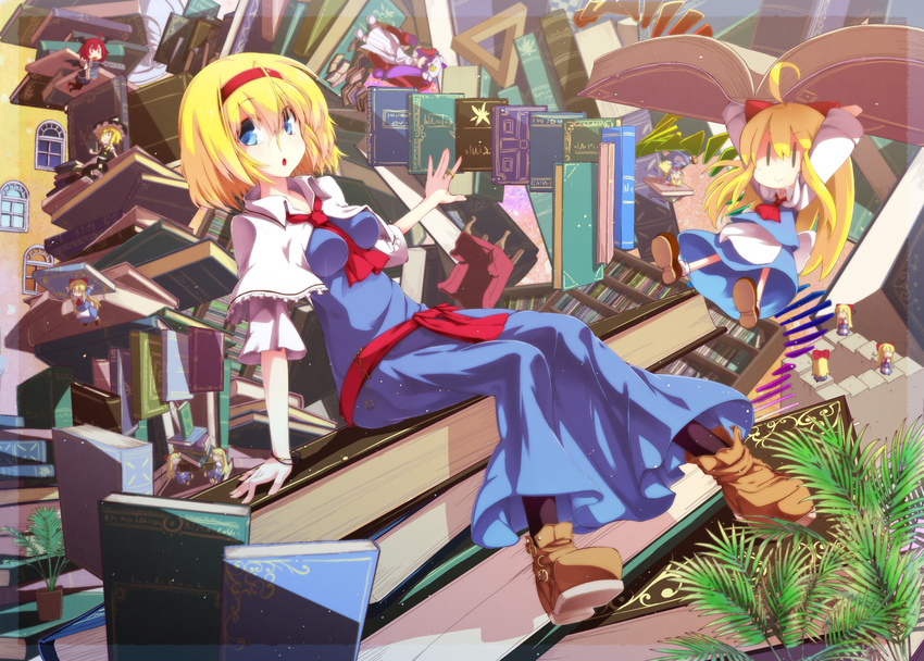 :o ahoge alice_margatroid black_legwear blonde_hair blue_eyes book bookshelf breasts capelet chair character_doll floating floating_book hairband kirisame_marisa koakuma medium_breasts open_mouth oversized_object pantyhose patchouli_knowledge plant potted_plant shanghai_doll short_hair sitting sitting_on_books solid_oval_eyes solo too_many too_many_books touhou window yuuki._(limit)