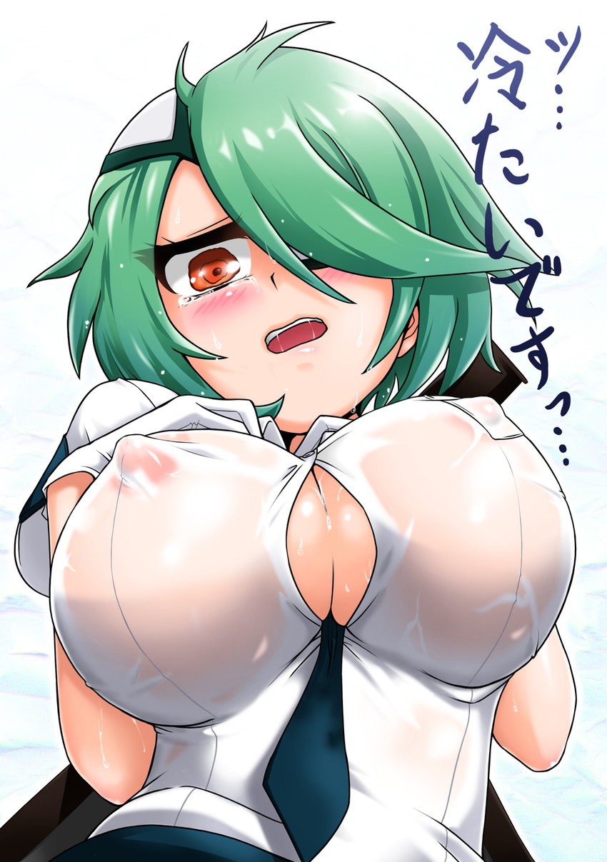 1girl between_breasts blush breast_suppress breasts bursting_breasts cleavage crying eyepatch gloves green_hair hair_over_one_eye highres impossible_clothes large_breasts looking_down necktie nipples open_clothes open_mouth open_shirt orange_eyes otonashi_kiruko police police_uniform saliva see-through shinmai_fukei_kiruko-san shirt short_hair simple_background skirt solo sweat tears uniform white_background yazuki_gennojou