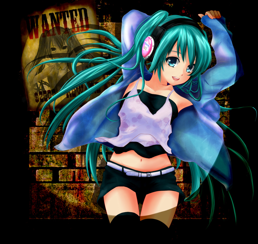 aqua_eyes armpits arms_up belt green_hair hatsune_miku headphones highres long_hair midriff navel poster_(object) shorts solo terun thigh_gap thighhighs twintails vocaloid wanted