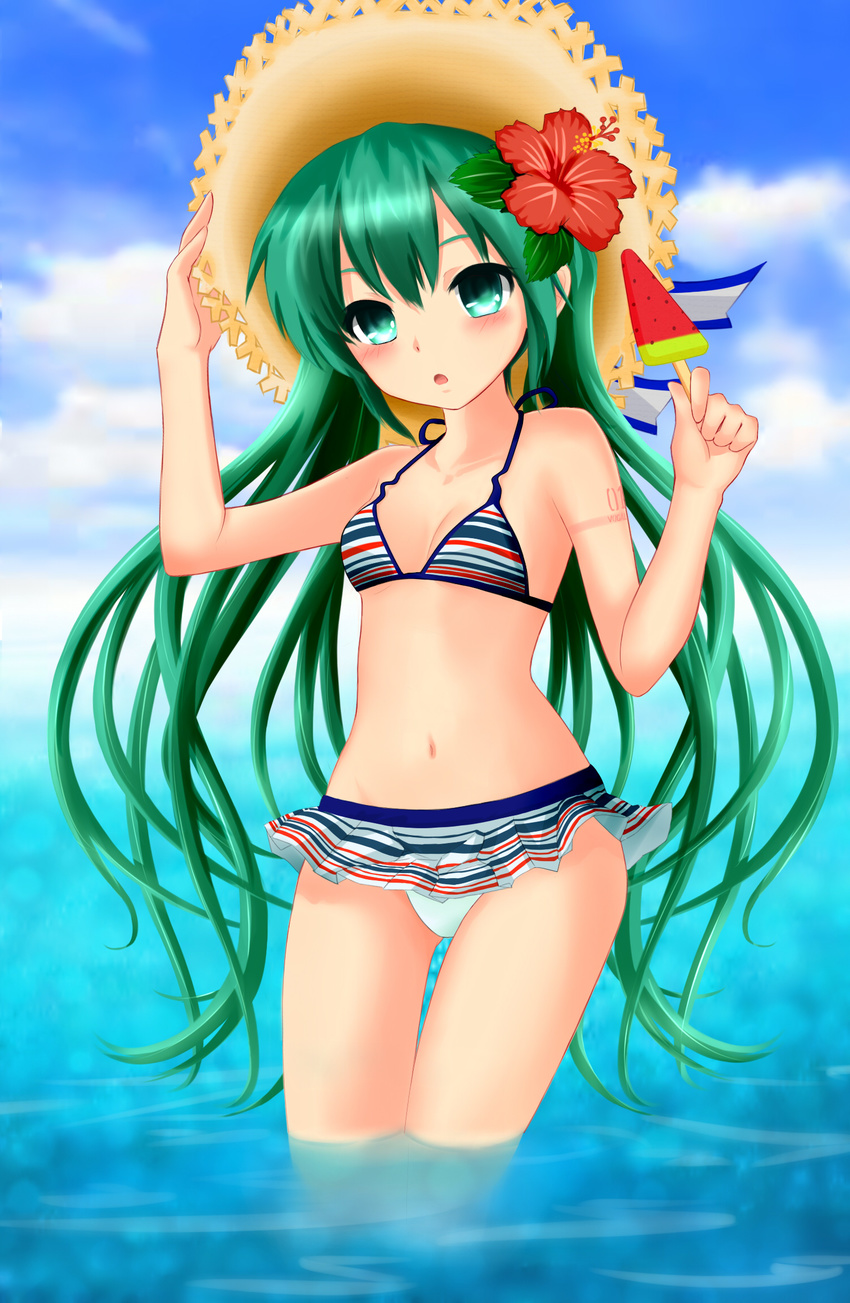 bikini day flower food green_eyes green_hair hair_flower hair_ornament hat hatsune_miku hibiscus highres long_hair navel open_mouth partially_submerged popsicle solo straw_hat striped striped_bikini sun_hat swimsuit terun thigh_gap twintails very_long_hair vocaloid wading water watermelon_bar