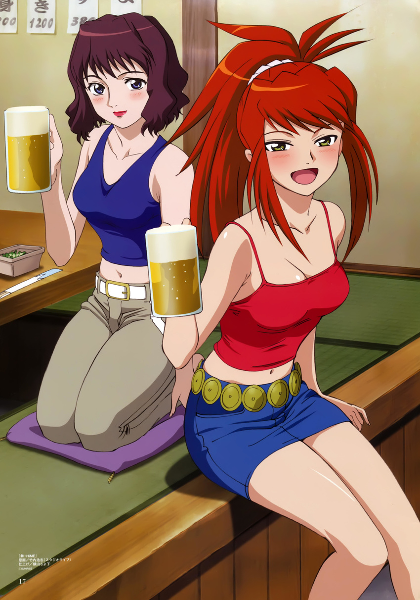 2girls absurdres alcohol beer beer_mug black_hair blush drunk highres kneeling lipstick makeup midriff multiple_girls my-hime navel red_hair sagisawa_youko skirt sugiura_midori