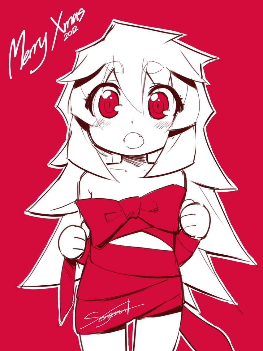 2012 :o alphy blush dated fang highres long_hair merry_christmas naked_ribbon original outline red_background red_eyes red_ribbon ribbon simple_background sketch solo