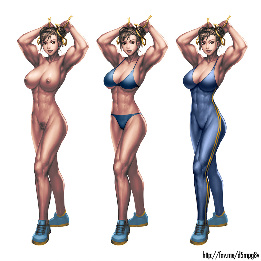 abs alternate_costume armpits arms_up biceps bikini bodysuit breasts brown_hair chun-li cleavage double_bun flexing hair_ribbon highres large_breasts muscle muscular_female nipples nude nudtawut_thongmai pose pubic_hair ribbon shoes skin_tight smile sneakers solo standing street_fighter street_fighter_zero_(series) swimsuit