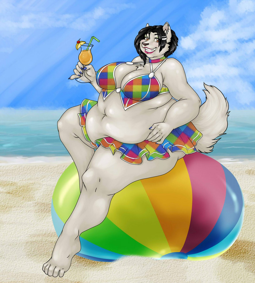 beach_ball big_breasts bikini black_hair breasts canine chubby clothed clothing female hair looking_at_viewer mammal mistywolf orange_eyes overweight sand sea seaside sitting skimpy solo swimsuit thick_thighs water wolf
