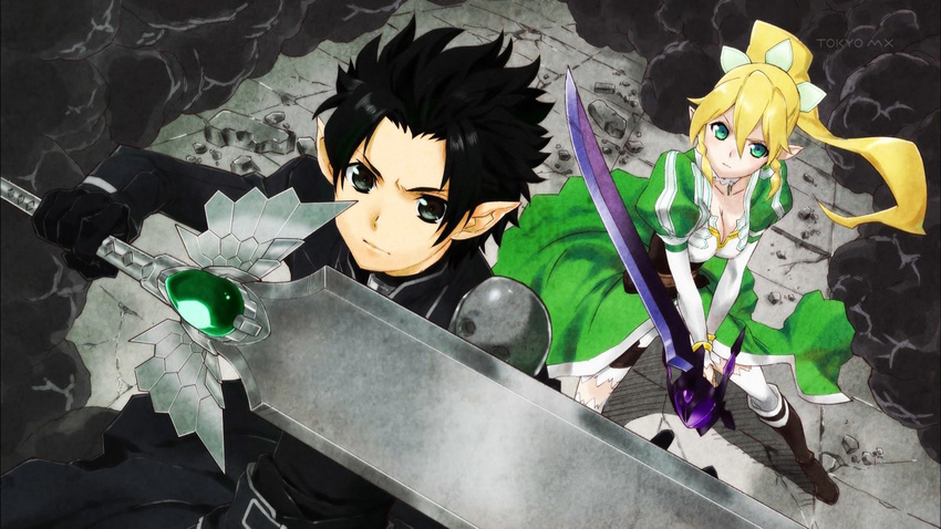 1girl accel_world black_hair black_lotus_(accel_world) blonde_hair breasts cleavage creator_connection crossover elf end_card green_eyes kabashima_yousuke kirito kirito_(sao-alo) leafa medium_breasts objectification official_art pointy_ears screencap silver_crow sword sword_art_online weapon