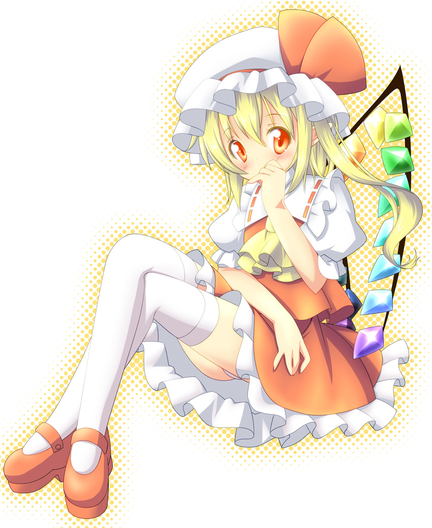 ascot blonde_hair blush colorized flandre_scarlet hand_to_own_mouth hat hat_ribbon highres looking_at_viewer mary_janes meitou_muku mob_cap red_eyes ribbon shoes side_ponytail sitting solo thighhighs touhou white_legwear wings zefa_(neoaltemice)