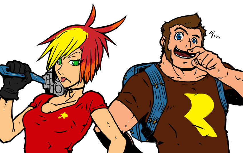 1boy 1girl :p ahoge backpack bag banjo-kazooie banjo_(banjo-kazooie) blonde_hair blue_eyes breasts brown_hair cleavage frown gloves green_eyes kazooie logo multicolored_hair oldwillow open_mouth personification rareware red_hair short_hair simple_background smile tongue tongue_out weapon white_background