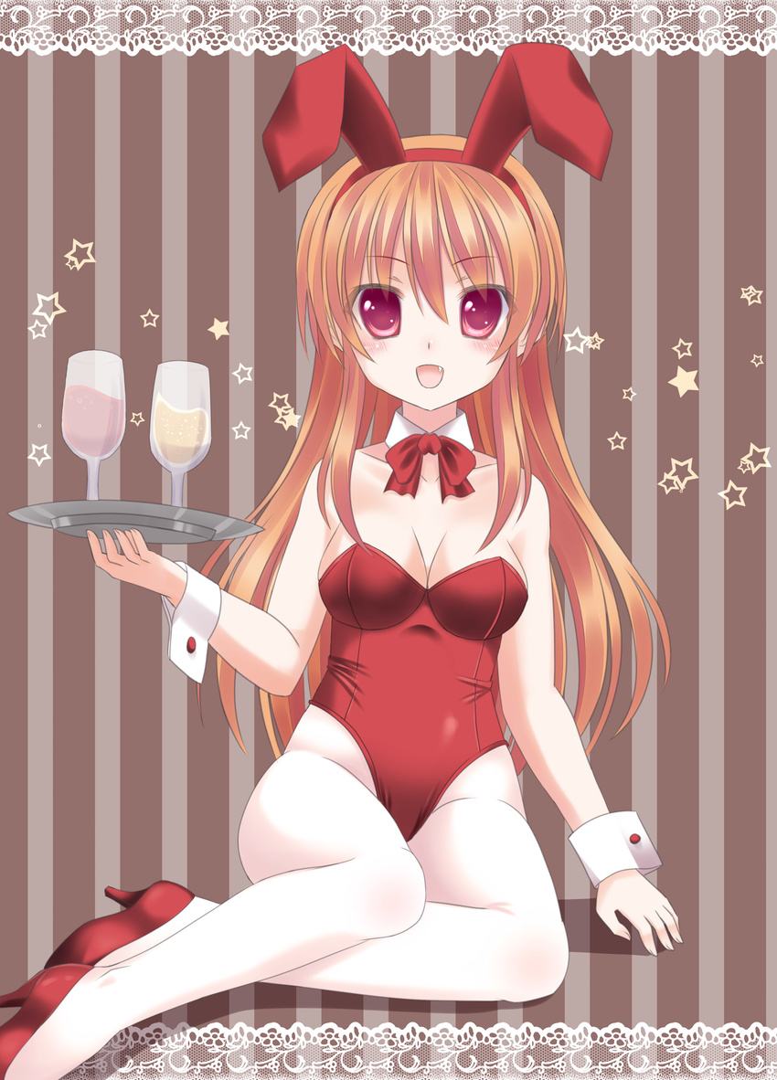 absurdres animal_ears bad_id bad_pixiv_id bare_shoulders breasts brown_hair bunny_ears bunny_girl bunnysuit cleavage detached_collar fang glass highres long_hair medium_breasts open_mouth original pantyhose red_eyes revision solo tray tsukino_neru white_legwear wrist_cuffs