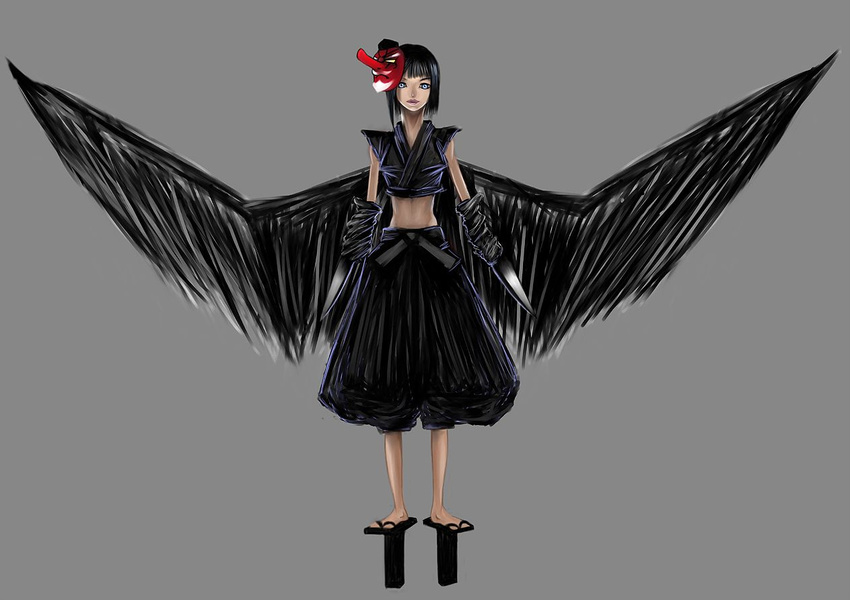 bad_id bad_pixiv_id black_hair geta knife mask midriff original short_hair simple_background six_(dys) solo tengu tengu-geta tengu_mask wings