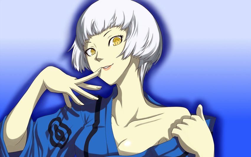 blue_background bob_cut breasts cleavage collarbone elizabeth_(persona) finger_to_mouth gradient gradient_background japanese_clothes kamui_sathi kimono looking_at_viewer medium_breasts off_shoulder parted_lips persona persona_3 persona_4:_the_ultimate_in_mayonaka_arena ringed_eyes short_hair smile solo undressing upper_body white_hair wide_sleeves yellow_eyes