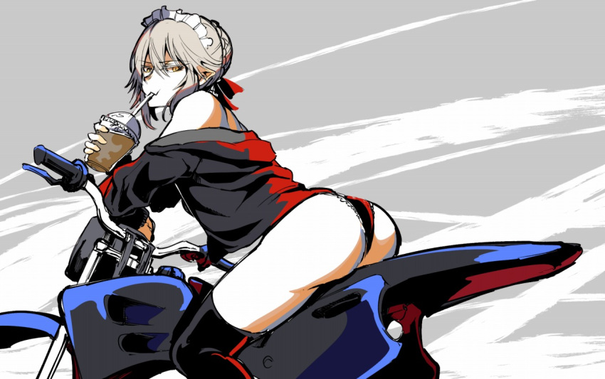 1girl arm_support artoria_pendragon_(all) ass blonde_hair braid fate/grand_order fate_(series) french_braid grey_background ground_vehicle hair_between_eyes hood hoodie leaning_forward looking_at_viewer maid_headdress motor_vehicle motorcycle off_shoulder saber_alter solo straw sucking takatsuki_nato thighhighs thighs yellow_eyes