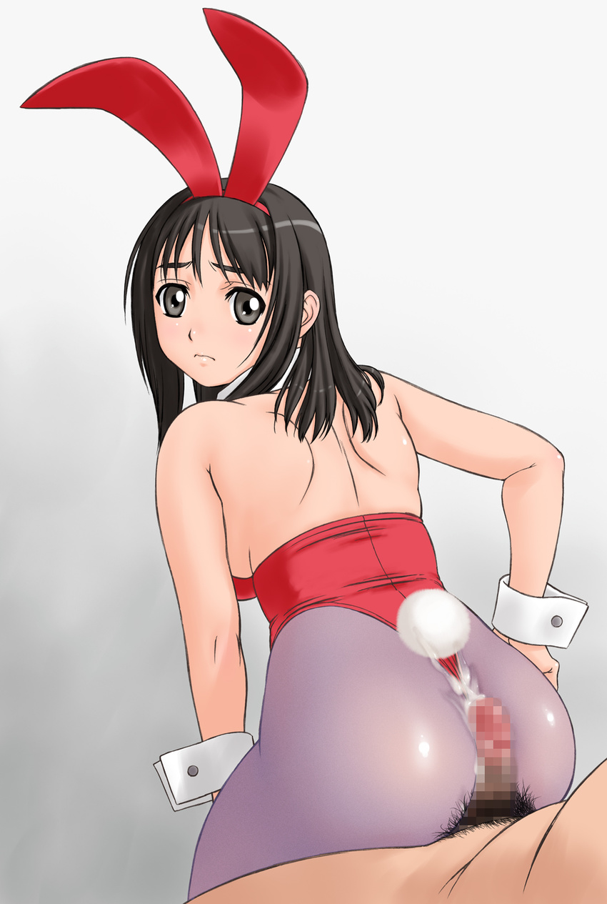 animal_ears ass bare_shoulders brown_eyes brown_hair bunny_ears bunny_tail bunnysuit buttjob censored clothed_female_nude_male cum cum_on_ass cum_on_clothes ejaculation highres huge_ass looking_back orange_brand pantyhose penis pubic_hair purple_legwear tail wrist_cuffs