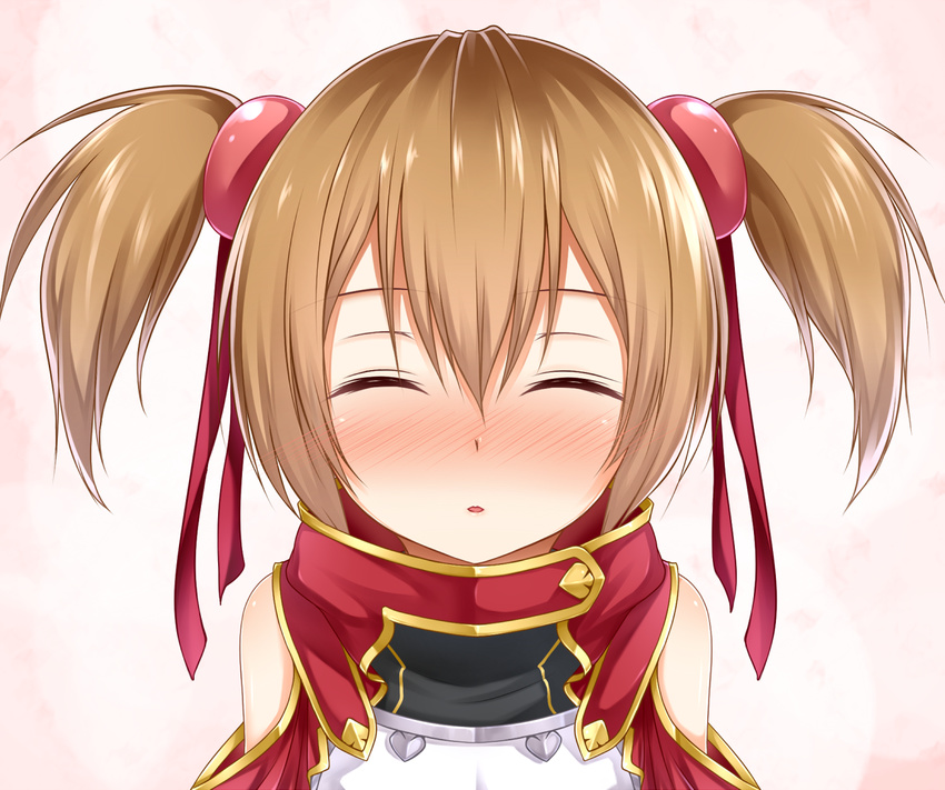 bare_shoulders blush breastplate brown_hair closed_eyes detached_sleeves hair_ribbon haryuu_(poetto) incoming_kiss ribbon short_twintails silica solo sword_art_online twintails