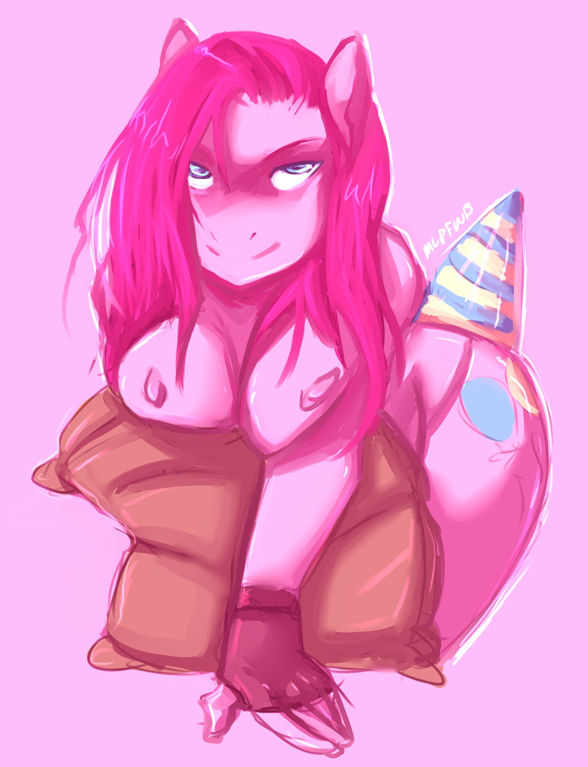anthrofied aries84 big_breasts blue_eyes breasts cutie_mark equine female friendship_is_magic fur gloves hair horse mammal my_little_pony nipples party_hat pillow pink_fur pink_hair pinkamena_(mlp) pinkie_pie_(mlp) plain_background pony solo