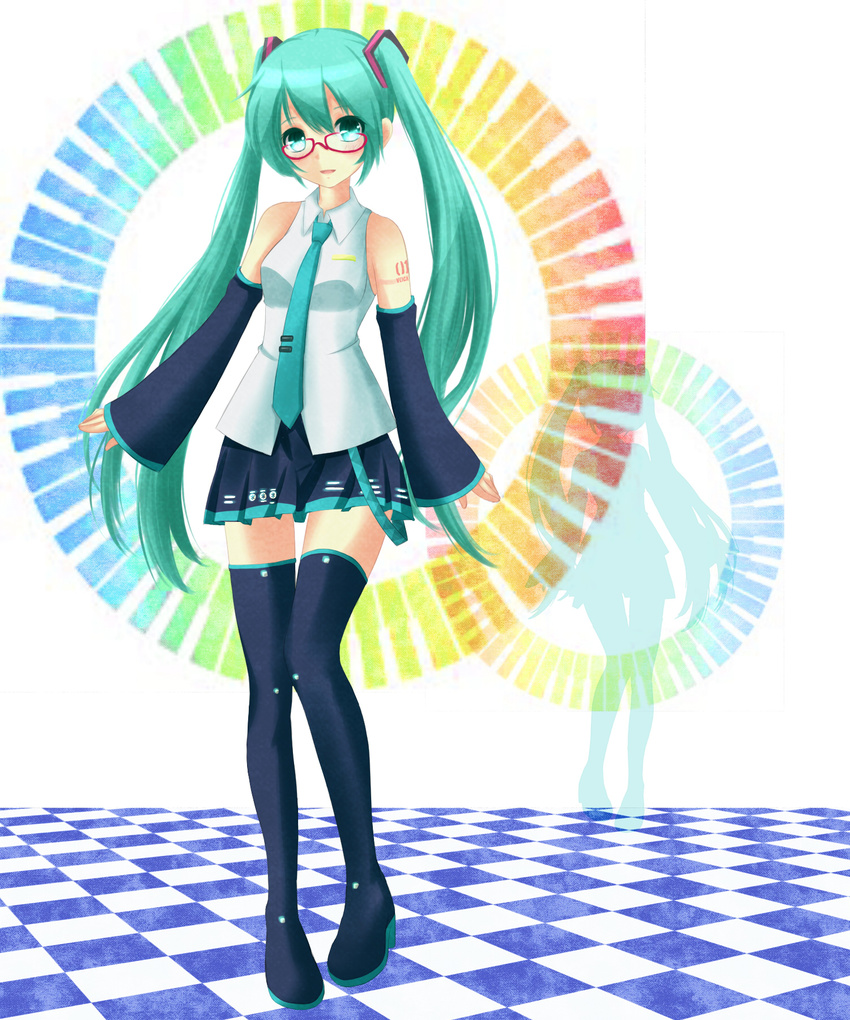 bespectacled boots checkered checkered_floor detached_sleeves glasses green_eyes green_hair hatsune_miku highres long_hair necktie skirt solo terun thigh_boots thigh_gap thighhighs twintails very_long_hair vocaloid