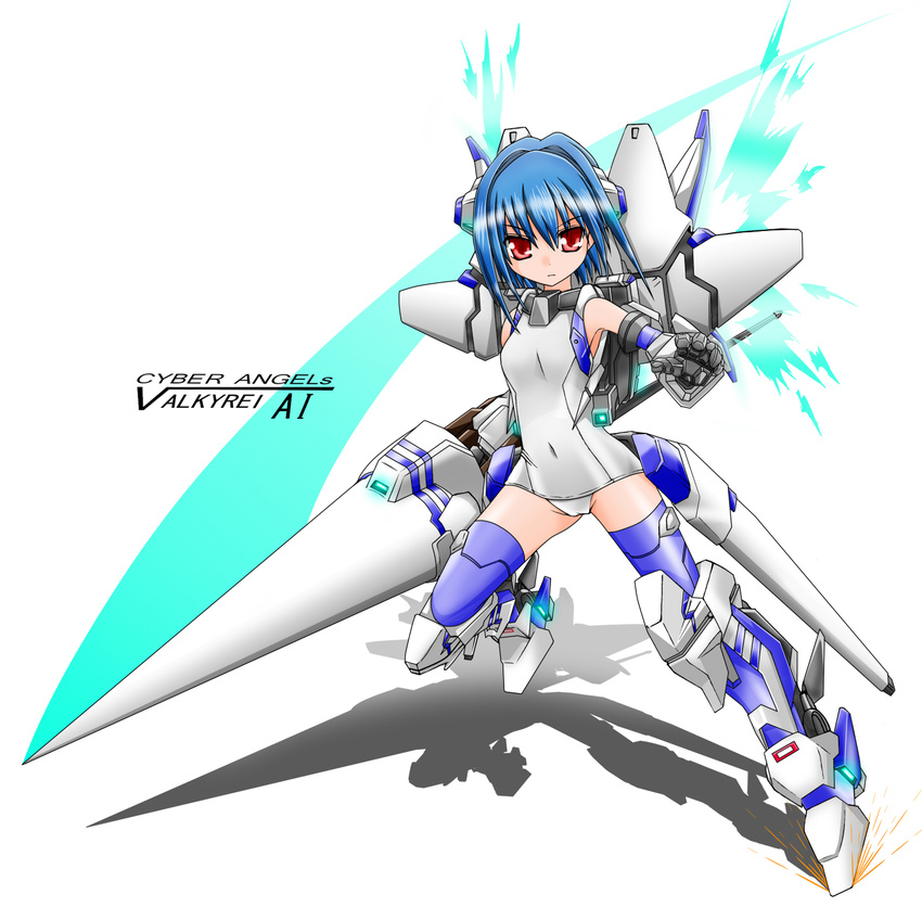 blue_hair blue_legwear breasts character_name copyright_name densou_tenshi_valforce elbow_gloves gloves hair_ornament highres huge_weapon kannagi_ai karukan_(monjya) lance mecha_musume one-piece_swimsuit polearm red_eyes school_swimsuit shadow short_hair small_breasts solo swimsuit thighhighs thrusters weapon white_swimsuit