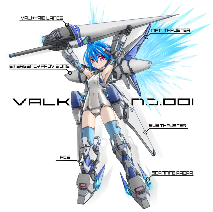 annotated armpits arms_up blue_hair blue_legwear breasts densou_tenshi_valforce english highres huge_weapon kannagi_ai karukan_(monjya) lance mecha_musume mechanical_arms one-piece_swimsuit pink_eyes polearm school_swimsuit short_hair small_breasts solo swimsuit thighhighs thrusters weapon white_swimsuit