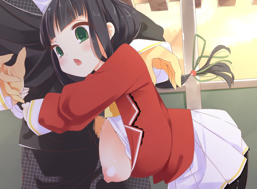 1girl bent_over black_hair breasts breasts_outside censored green_eyes huge_breasts kaimantokage long_breasts long_hair miniskirt nipples original paizuri penis puffy_nipples school school_uniform short_skirt skirt