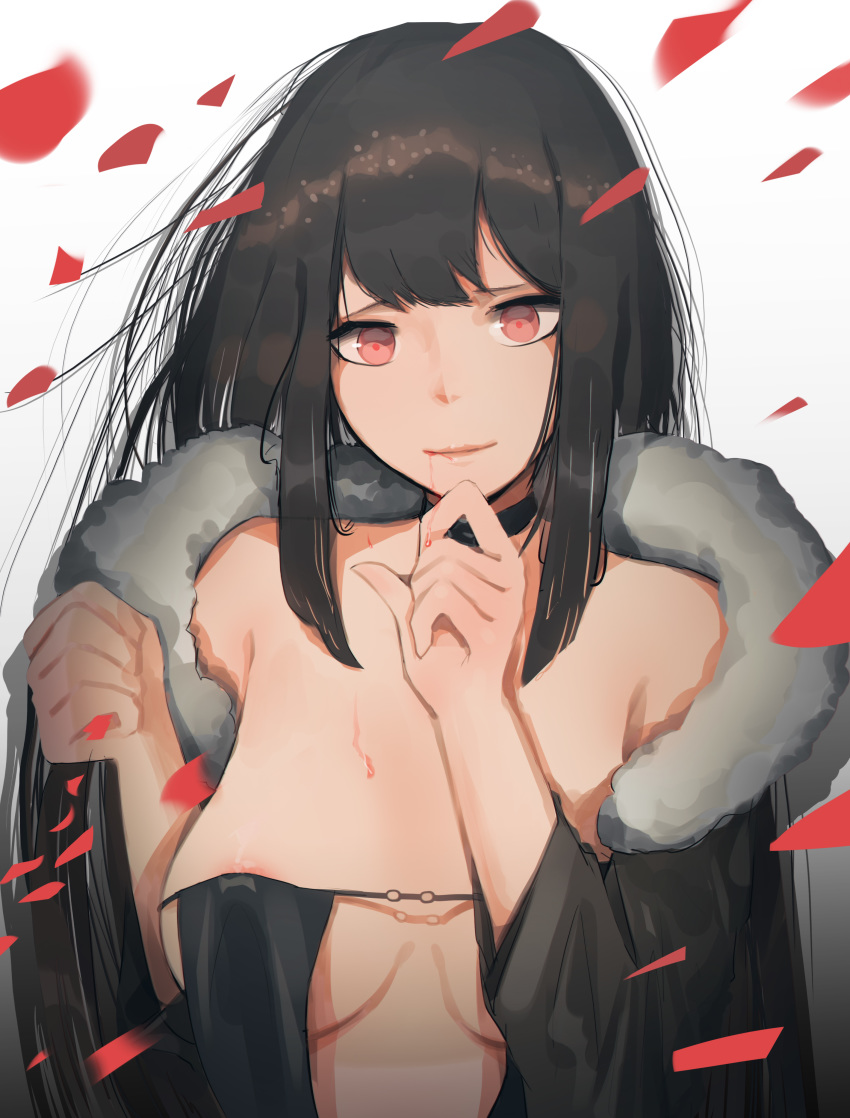 1girl absurdres areola_slip areolae bangs bare_shoulders black_collar black_dress black_hair black_jacket breasts center_opening choker consort_yu_(fate) dress fate/grand_order fate_(series) fur-trimmed_jacket fur_trim highres jacket light_smile long_hair looking_at_viewer medium_breasts mmmmmkun petals revealing_clothes solo strap_gap strapless strapless_dress upper_body very_long_hair wind