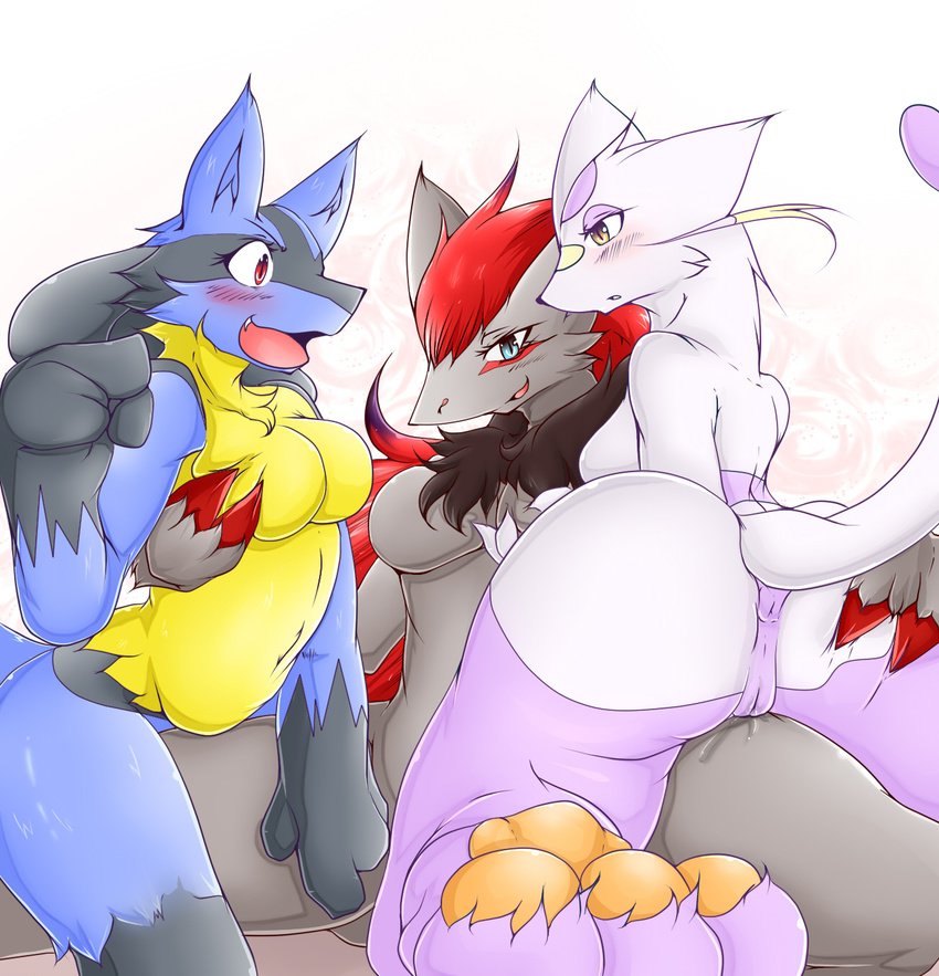 anthro anus big_breasts blue_eyes blush breast_grab breasts butt butt_grab canine chest_tuft female fox fur geiru_mirua grinding grope group group_sex hair lesbian looking_at_viewer lucario mammal mienshao nintendo nude open_mouth pok&#233;mon pok&#233;morph porkyman pussy pussy_juice red_eyes red_hair sex threesome tuft video_games yellow_eyes zoroark