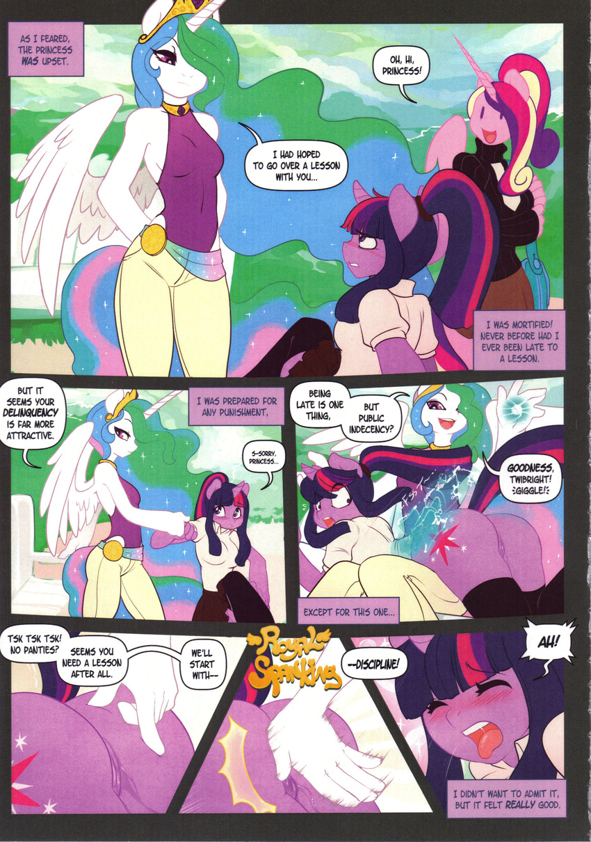 2012 ? anthro anthrofied blush breasts close-up clothing comic crown cutie_mark english_text equine eyes_closed female friendship_is_magic hair horn horse leche lesbian mammal multi-colored_hair my_little_pony open_mouth princess princess_cadance_(mlp) princess_cadence princess_celestia princess_celestia_(mlp) purple_eyes royalty saliva spanking text tongue twilight_sparkle twilight_sparkle_(mlp) unicorn winged_unicorn wings